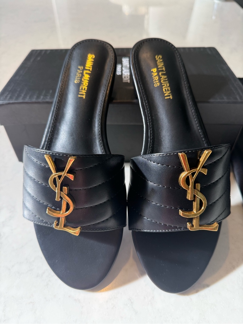 Black Quilted Leather Slide Mules